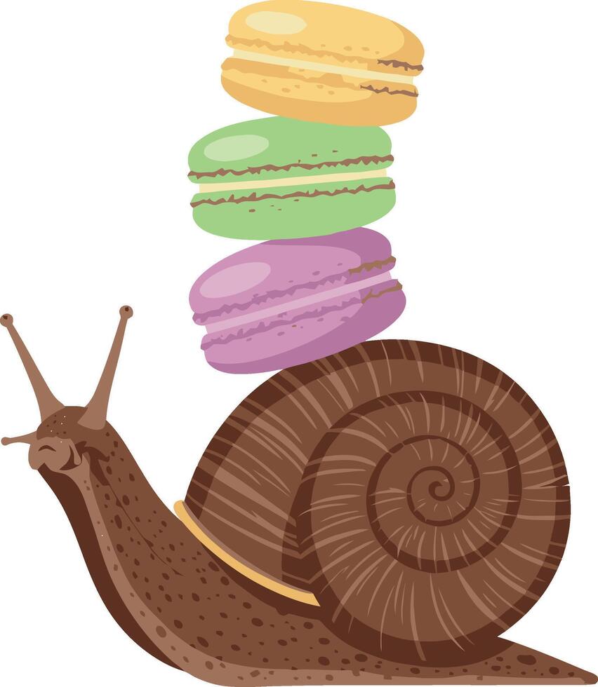 Snail carrying colorful macarons stack illustration with yellow green purple dessert vector