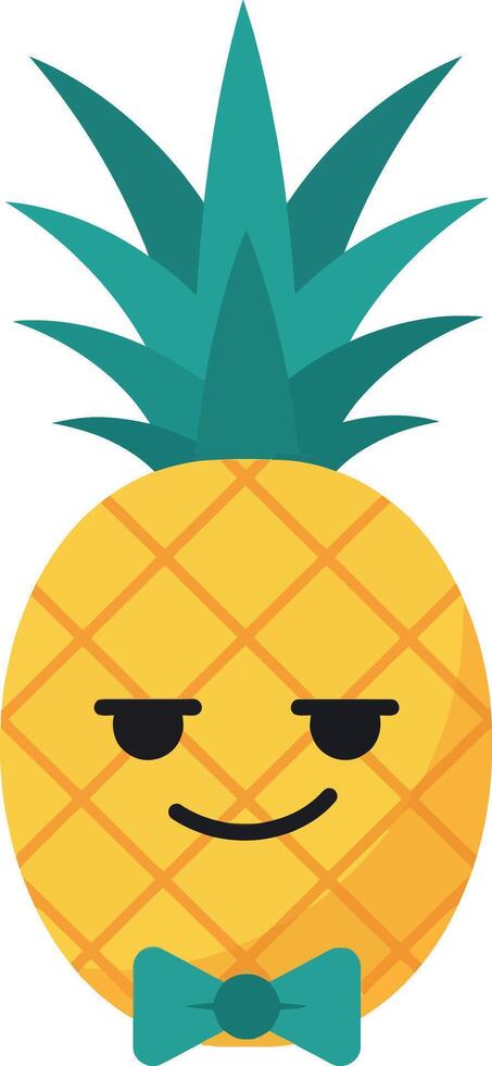 Pineapple with teal leaves and bow tie illustration with smirking face emoji vector