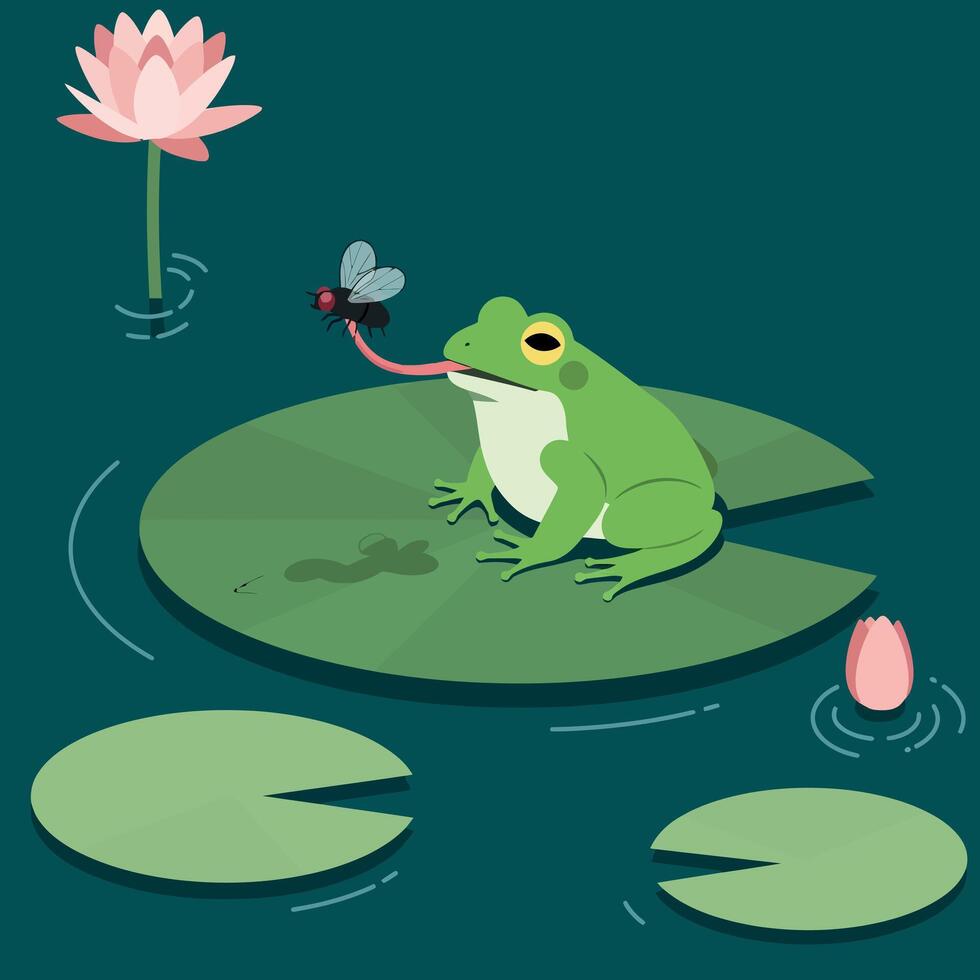 Frog catching dragonfly on lily pad with pink lotus flowers illustration vector