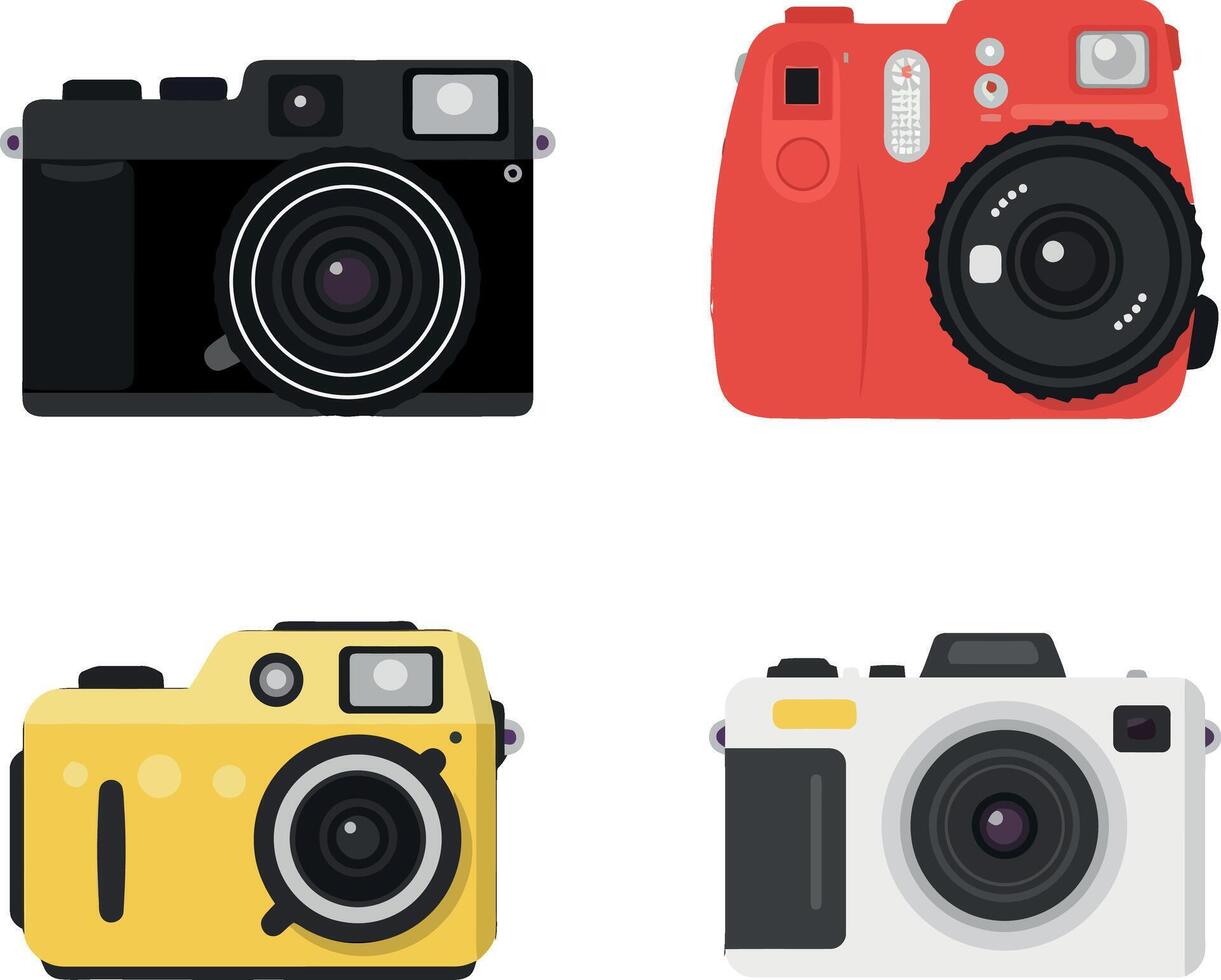 Retro and Modern Cameras in Black Red Yellow and White Digital Illustration vector