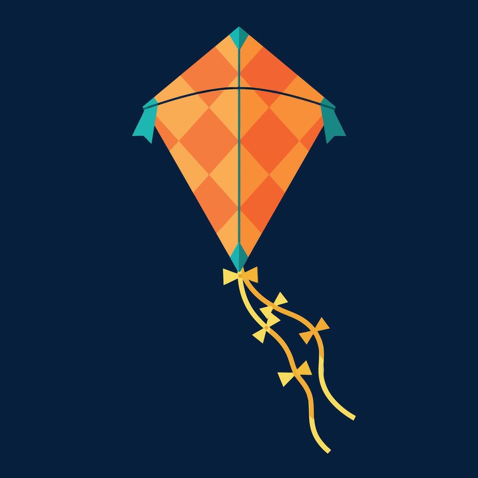 Orange diamond patterned kite with blue accents and yellow tail ribbons flying illustration vector