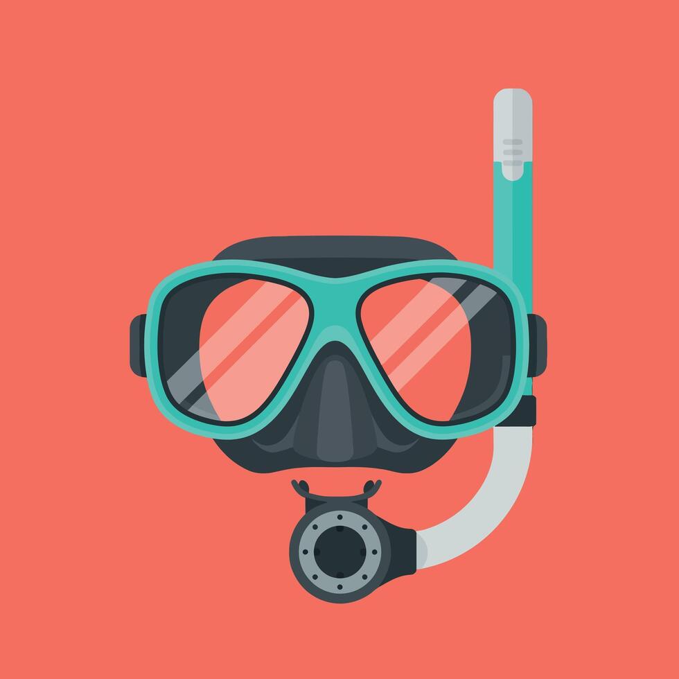 Snorkeling mask and breathing tube illustration with black and turquoise colors on coral background vector