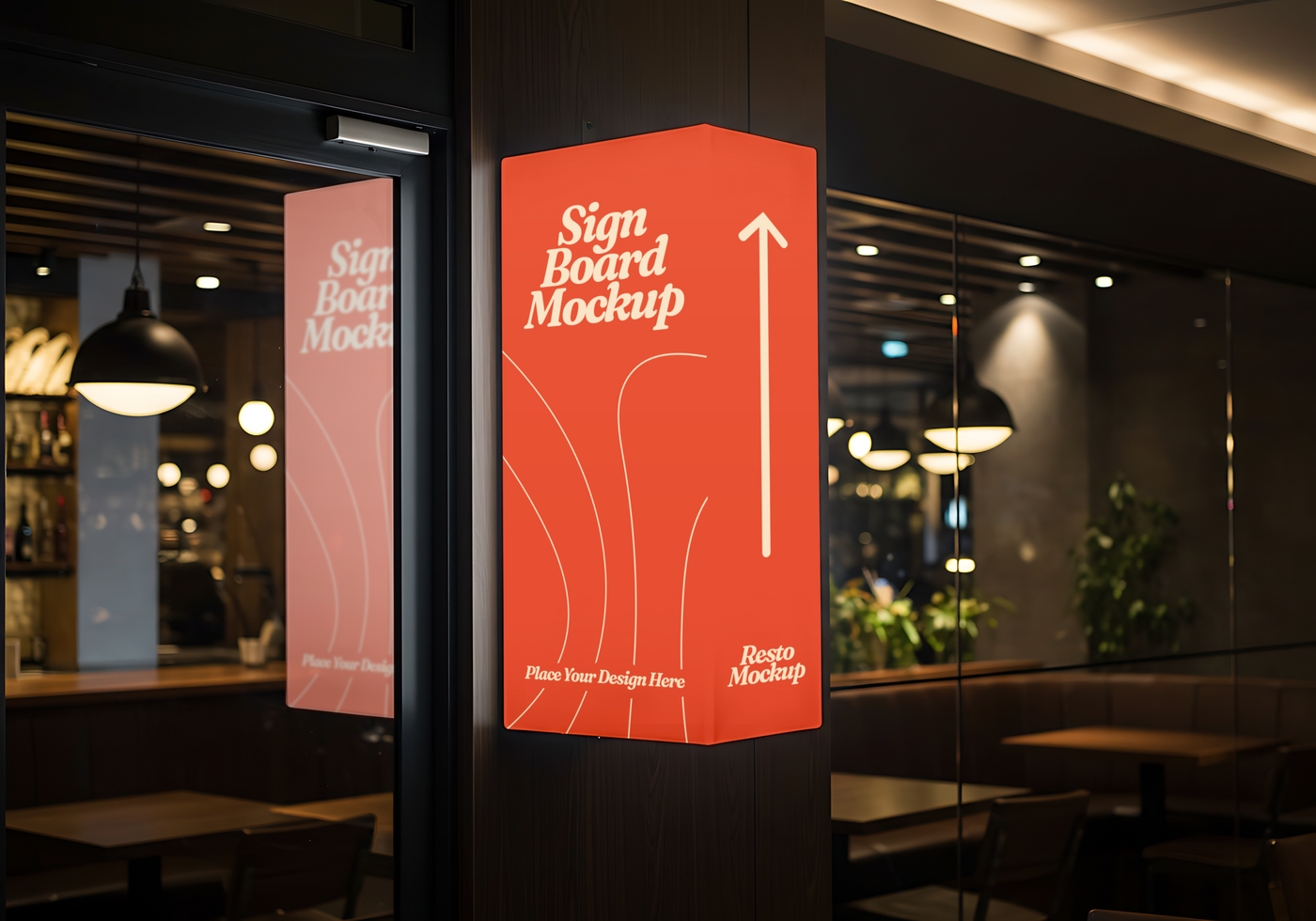 A red signboard mockup stands outside a dimly lit restaurant psd