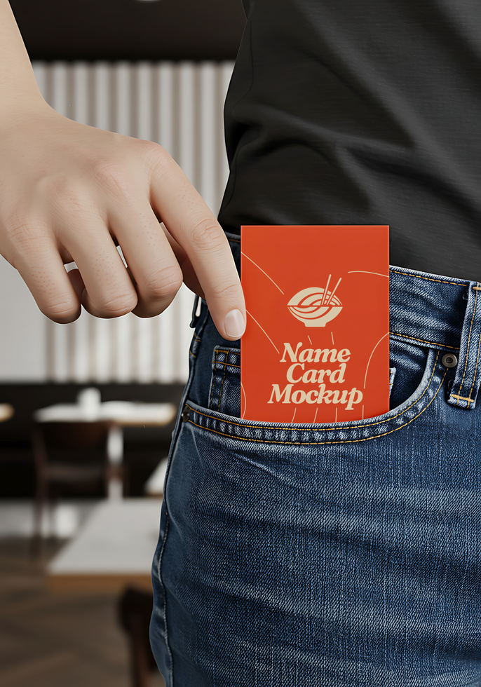 A hand places an orange name card mockup into a back jeans pocket psd