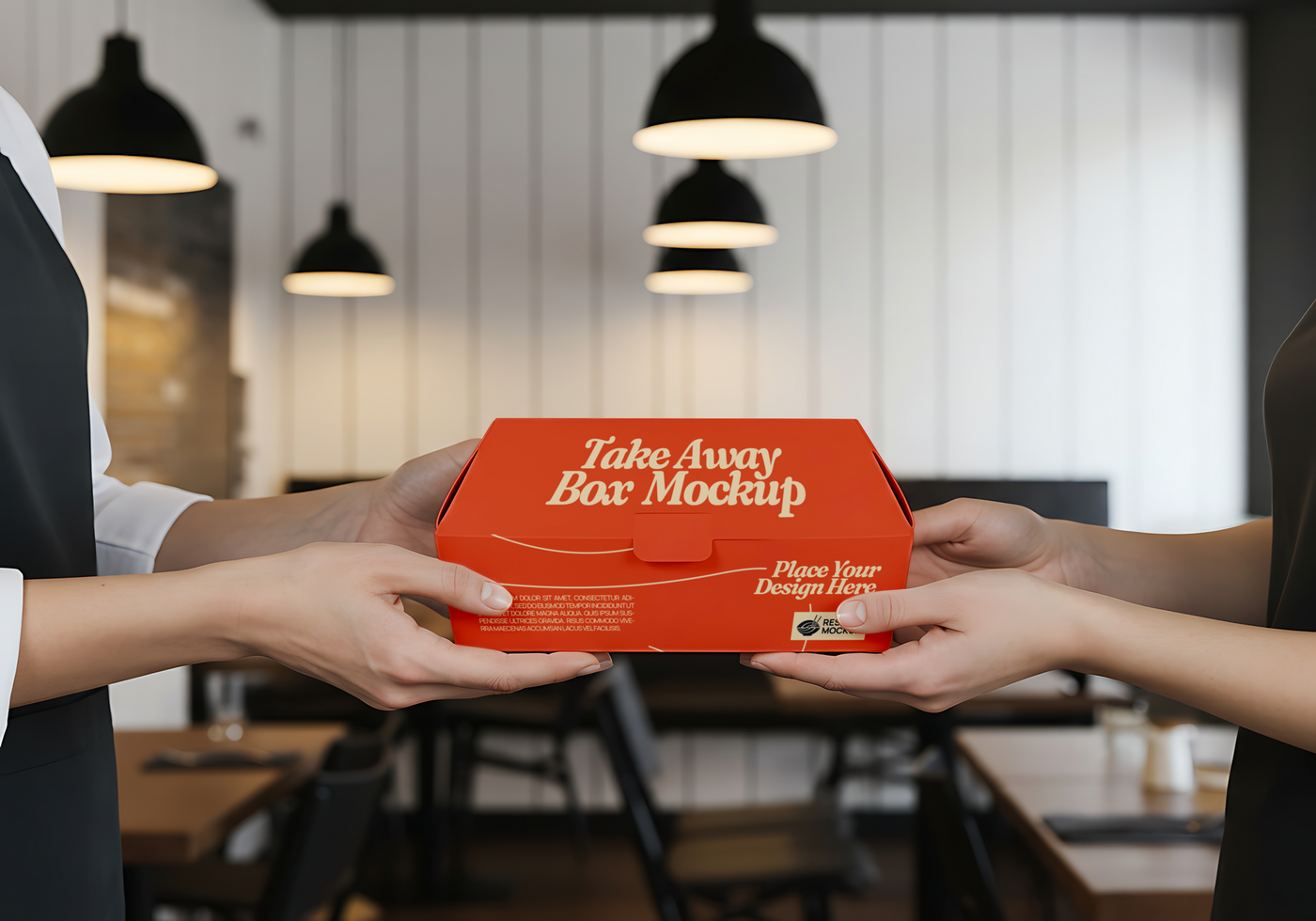 Here s a one sentence caption for the image A server hands a customer a bright red takeout box labeled Take Away Box Mockup psd