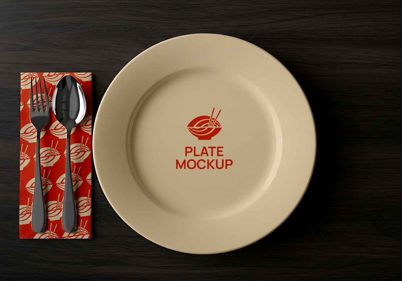 A beige plate with a noodle bowl logo sits on a dark wood table beside a place setting psd