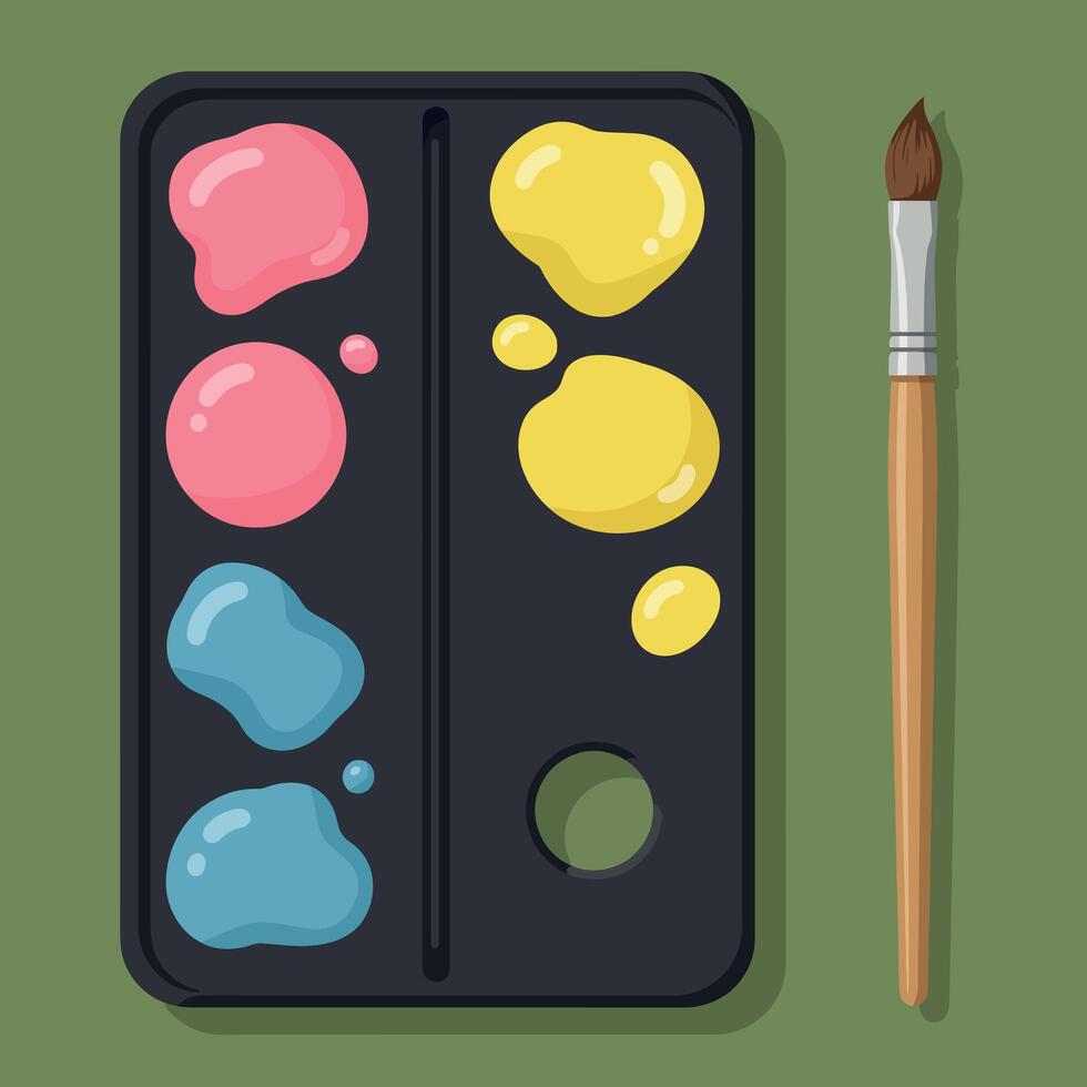 Paint palette with pink yellow blue colors and brush art supplies illustration vector