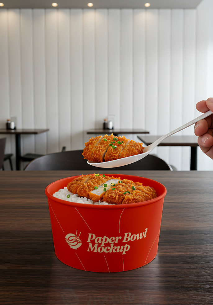 Crispy katsu cutlets are being added to a bowl of rice in a red paper bowl psd