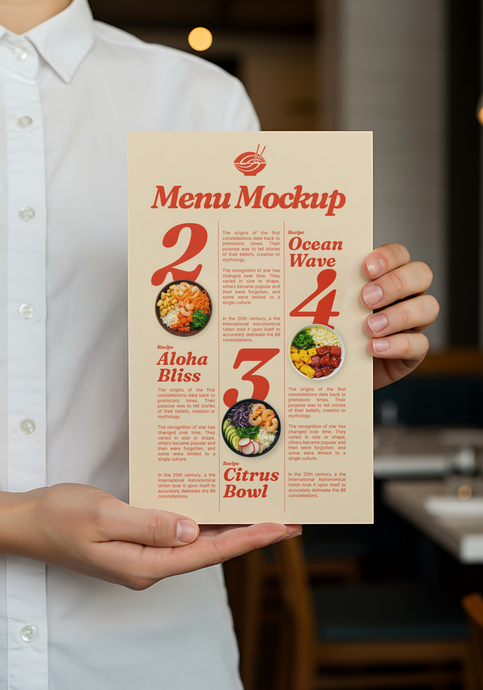 A server displays a menu mockup featuring three vibrant poke bowl recipes psd