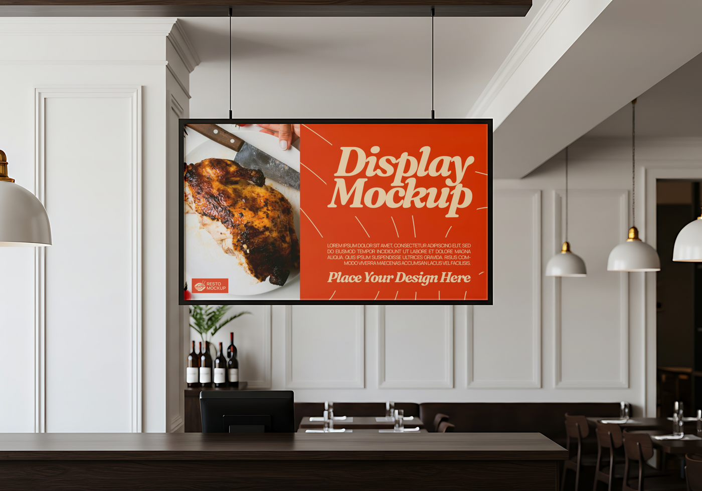 A restaurant display mockup featuring a roasted chicken hangs above the counter psd