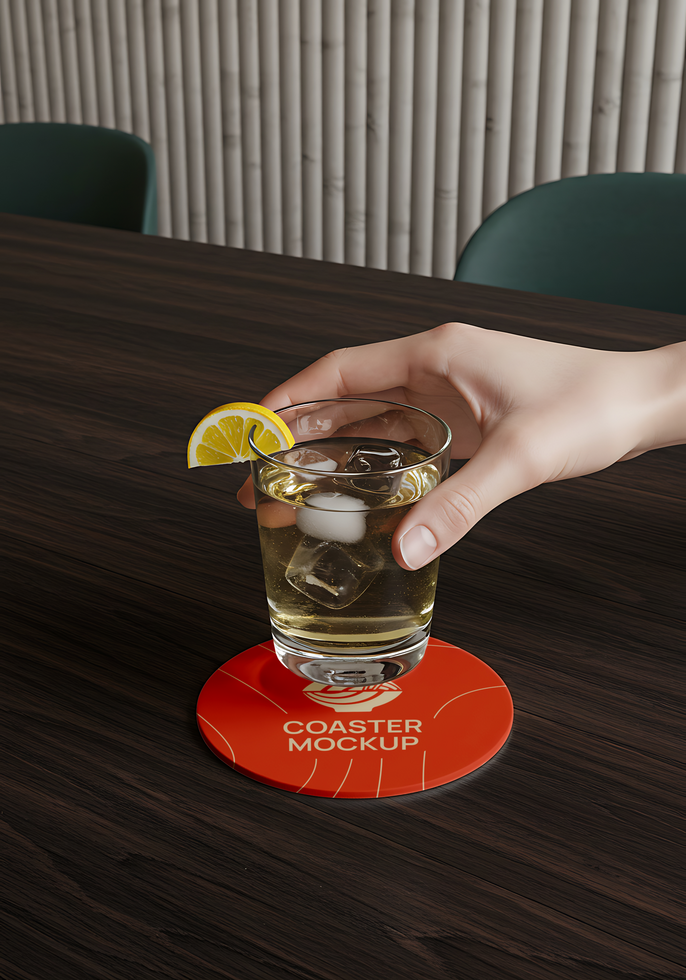 A hand holds a glass of iced tea with a lemon wedge on a red coaster psd