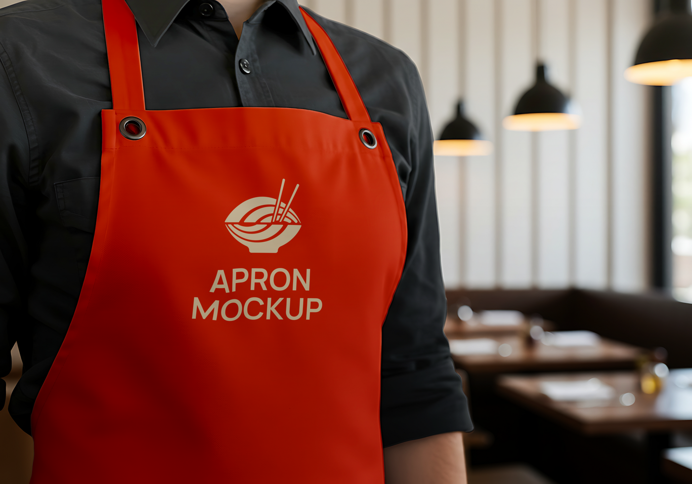 A red apron with a bowl and chopsticks logo labeled Apron Mockup is worn over a dark shirt psd