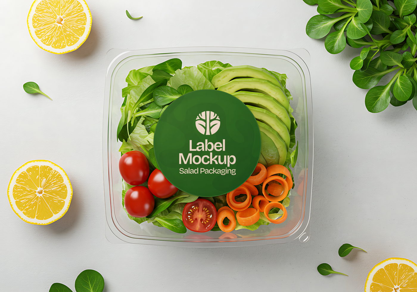 A fresh salad in a clear container with a label that says Label Mockup Salad Packaging psd