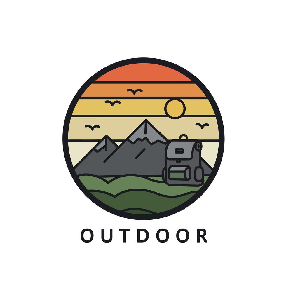 Outdoor adventure logo design with mountains sunset and backpack illustration vector