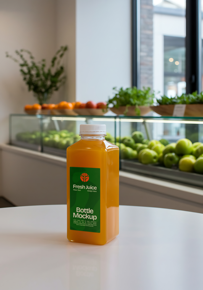 A bottle of fresh juice sits on a table in front of a produce display psd