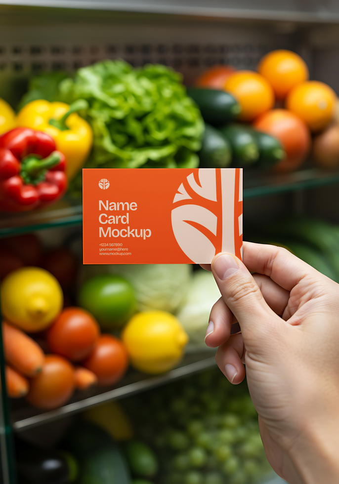 A hand holds a name card mockup in front of a refrigerator filled with fresh produce psd