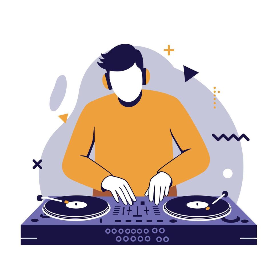 DJ mixing music on turntables with headphones illustration in modern style vector