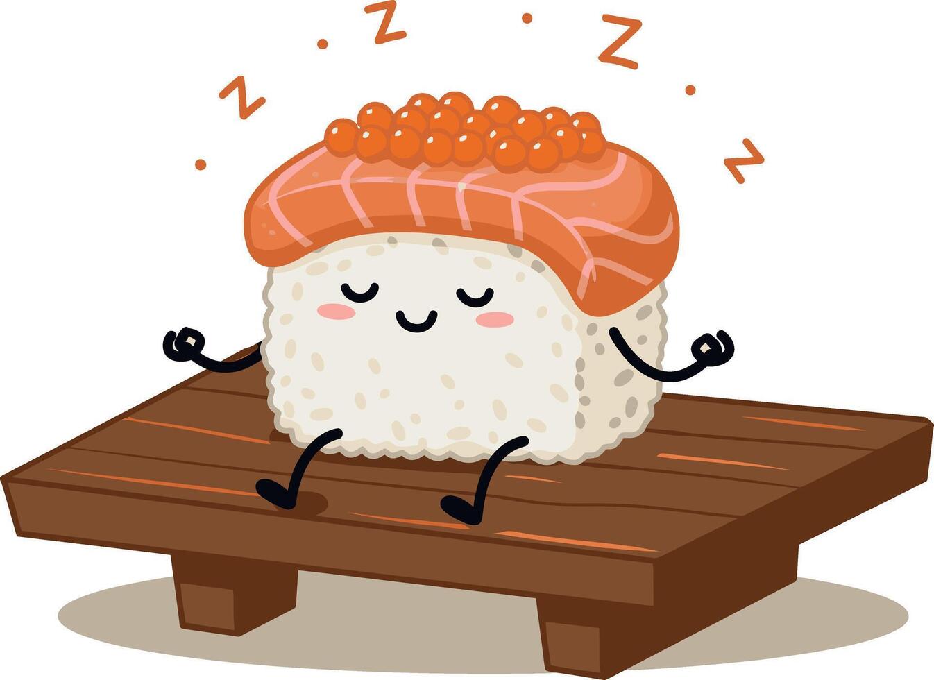 Cute sushi cartoon character meditating with salmon and roe on wooden board illustration vector