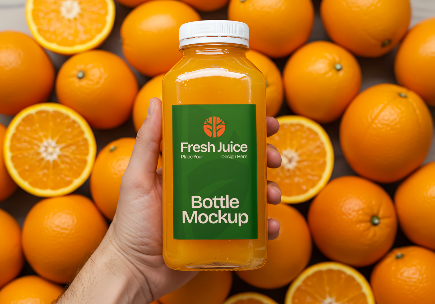 A hand holds a bottle of fresh orange juice surrounded by oranges psd