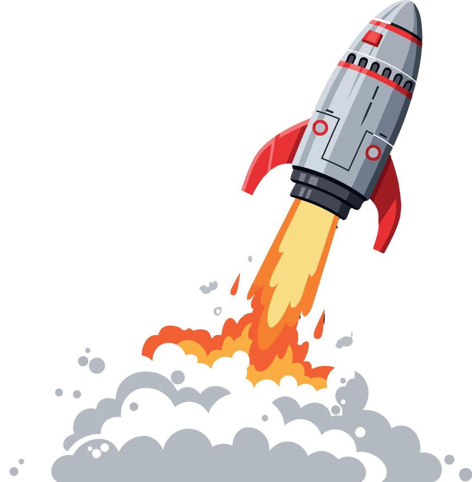 Rocket Launch with Red Fins and Flame Blast Cartoon Style Illustration vector