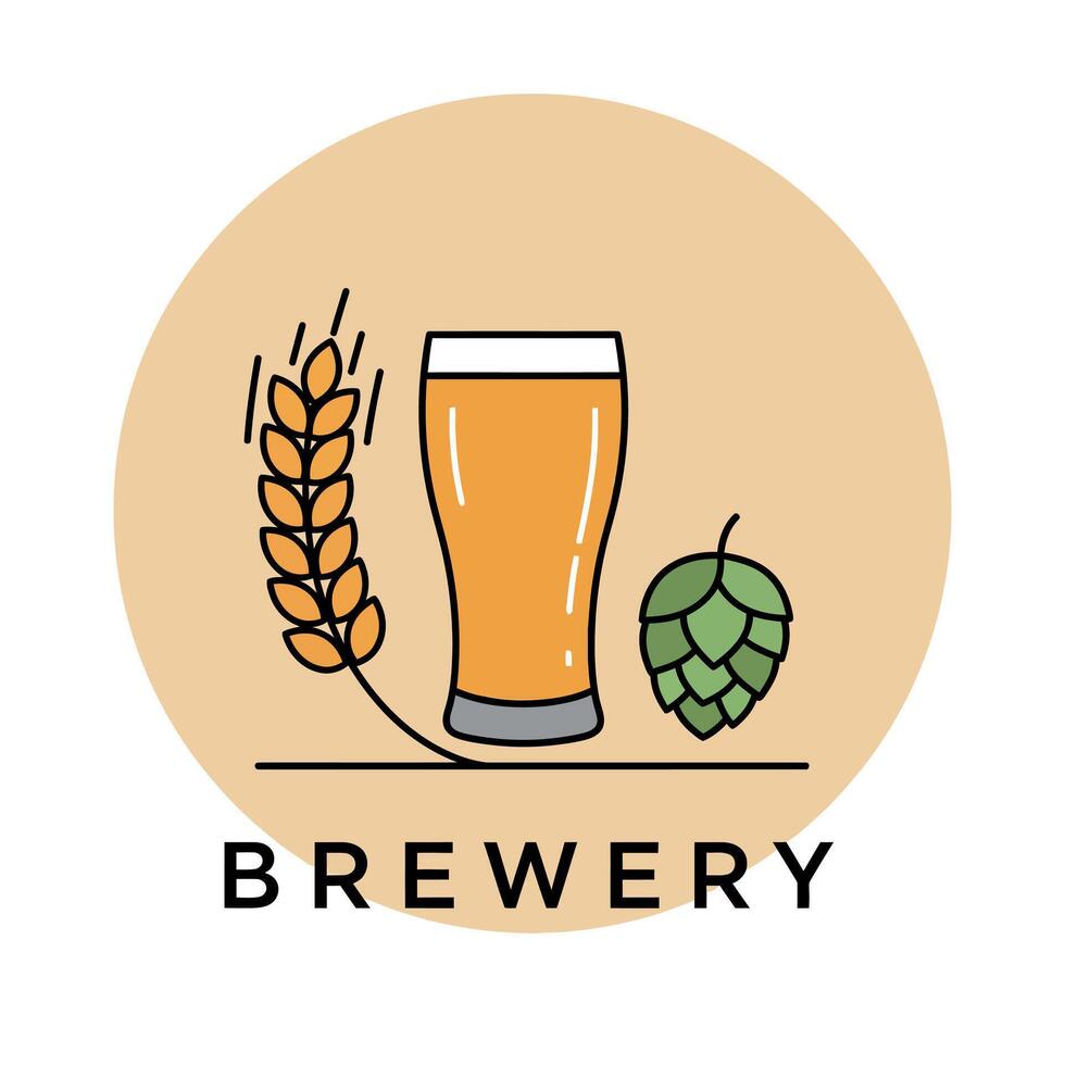 Brewery logo design with beer glass wheat and hop illustration for branding vector