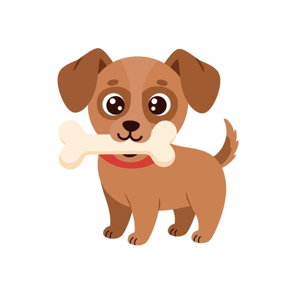 Cute brown dog holding bone in mouth with red collar cartoon illustration vector