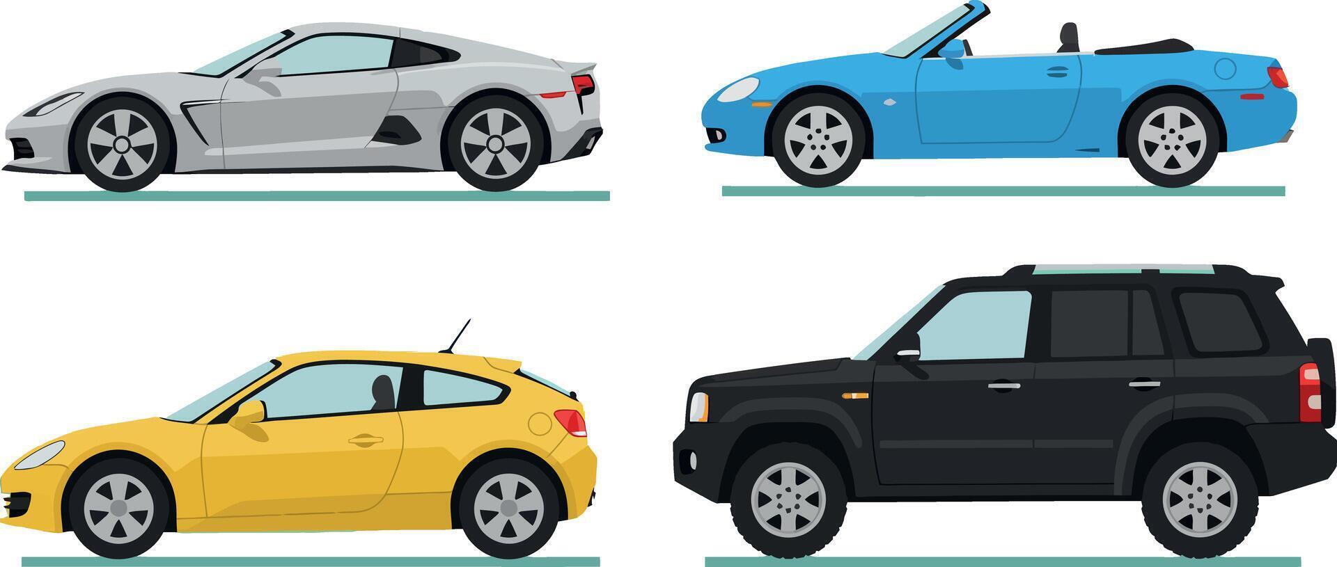 Four Different Modern Cars Illustration with Sedan Convertible SUV and Coupe Designs vector