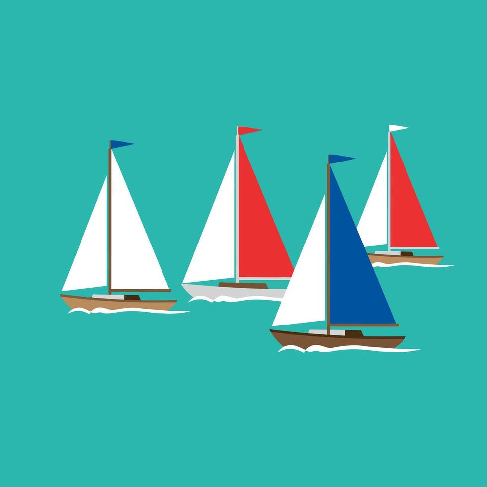 Sailboats with colorful sails on turquoise water illustration in square format vector