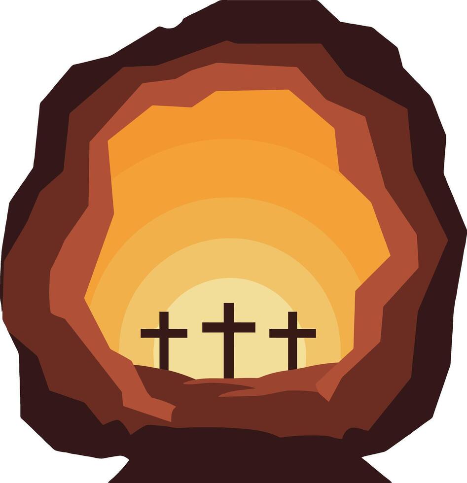 Three crosses silhouette inside cave entrance with warm orange glowing background illustration vector