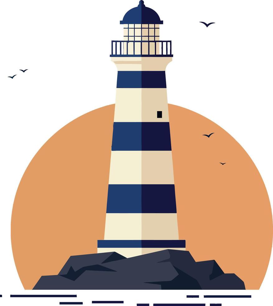 Lighthouse with blue and white stripes on rocky shore with orange sunset background illustration vector