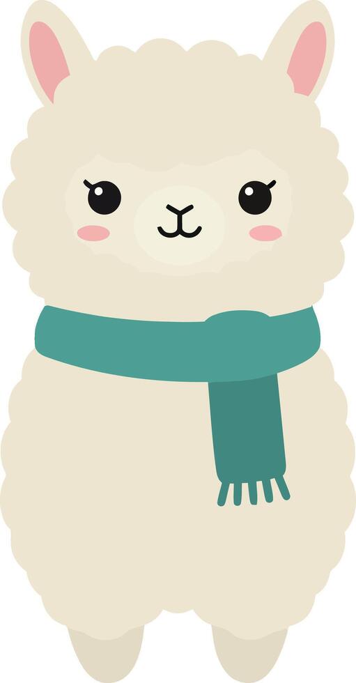 Cute white alpaca with teal scarf standing isolated illustration vector