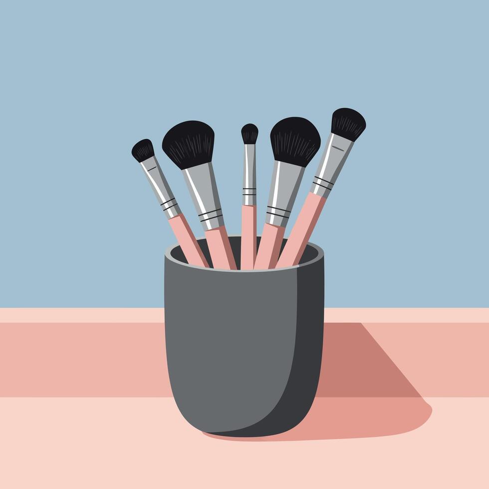 Makeup brushes in grey holder with pink handles on blue background illustration vector