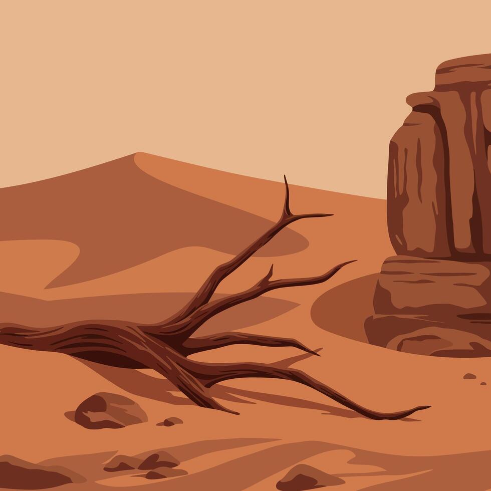 Desert landscape with dry tree and rocky formations in warm brown tones illustration vector