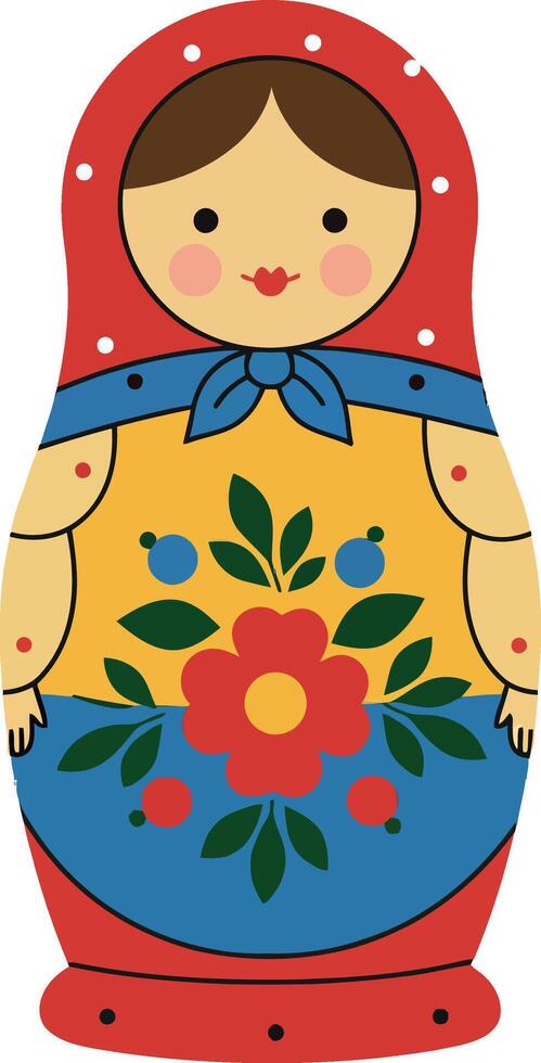 Russian Matryoshka Doll with Floral Pattern and Red Blue Colors Illustration vector