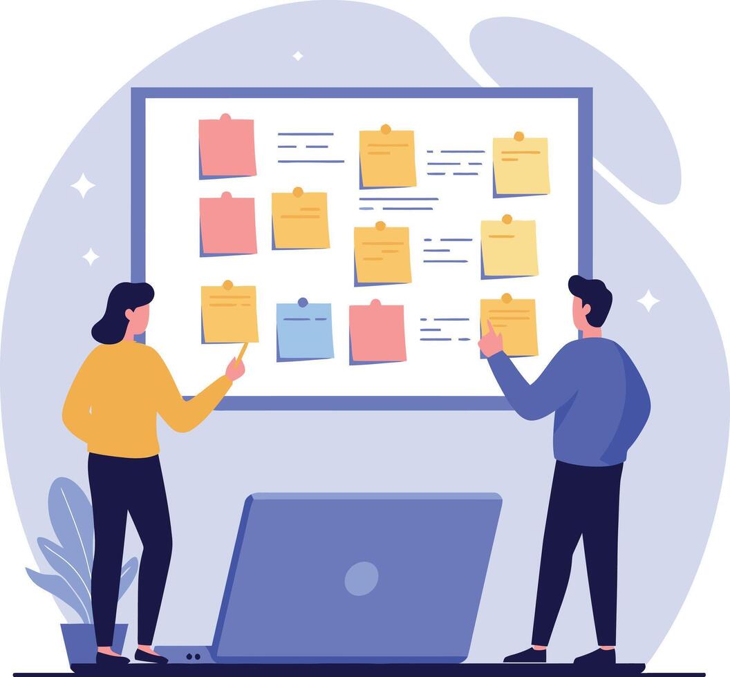 Teamwork project planning with sticky notes on board and laptop at office workspace vector