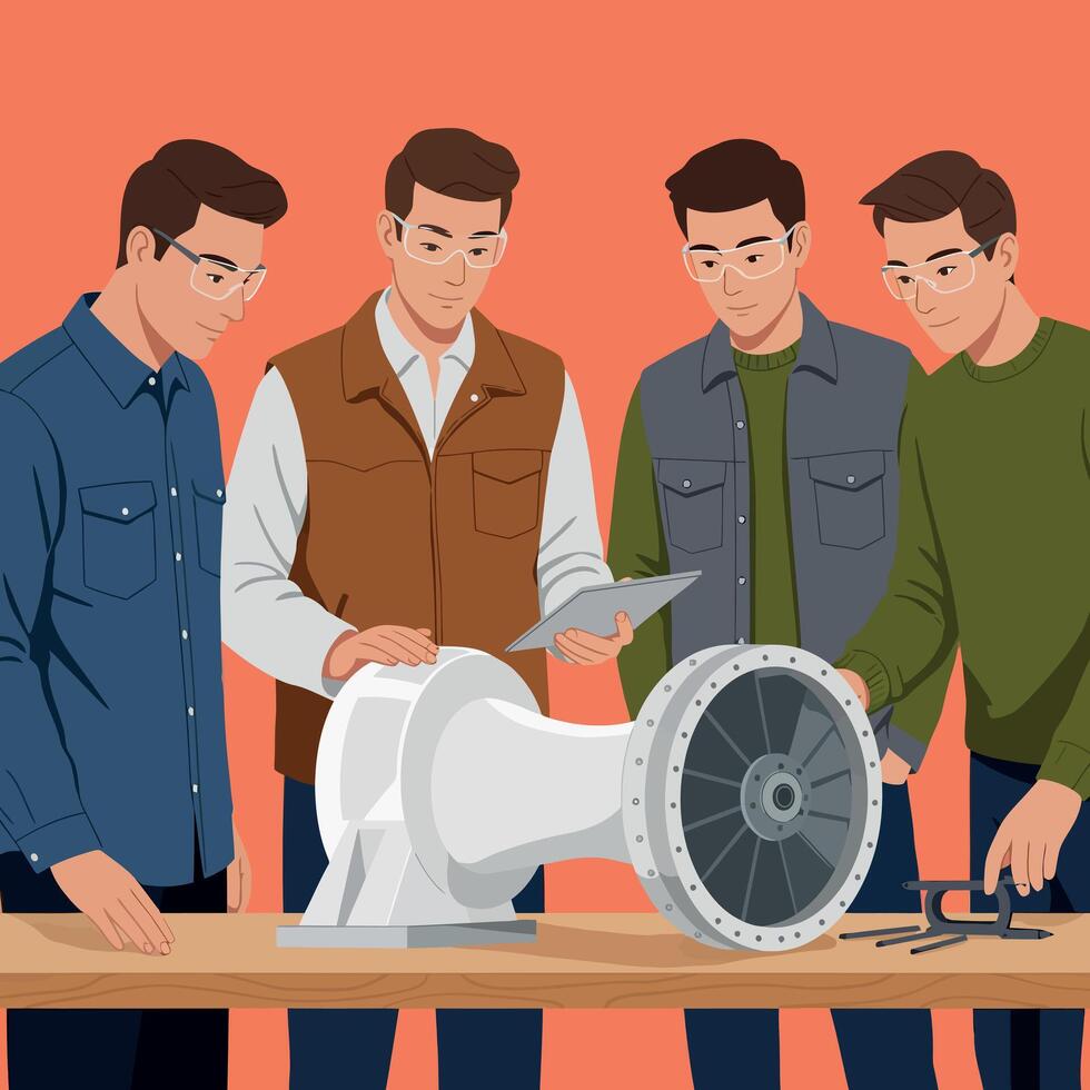 Group of young men working on mechanical project with turbine engine illustration vector