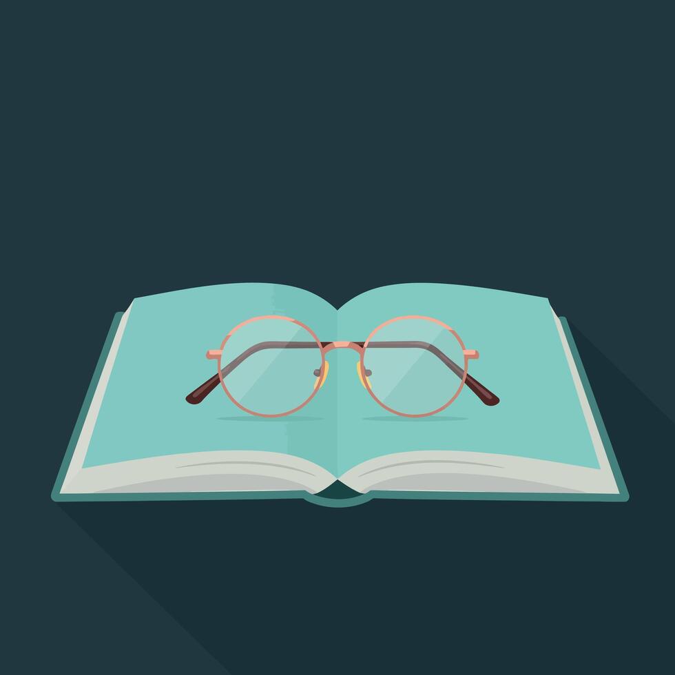 Open book with round eyeglasses on dark background flat illustration vector