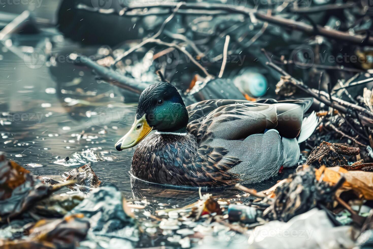 Duck is swimming in a pond with trash floating in the water photo