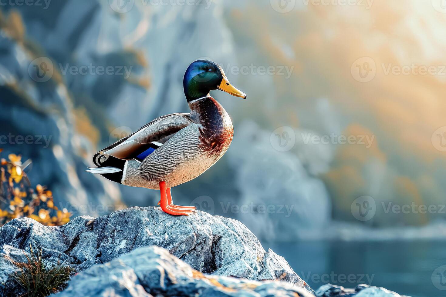 Duck is standing on a rock near a body of water photo