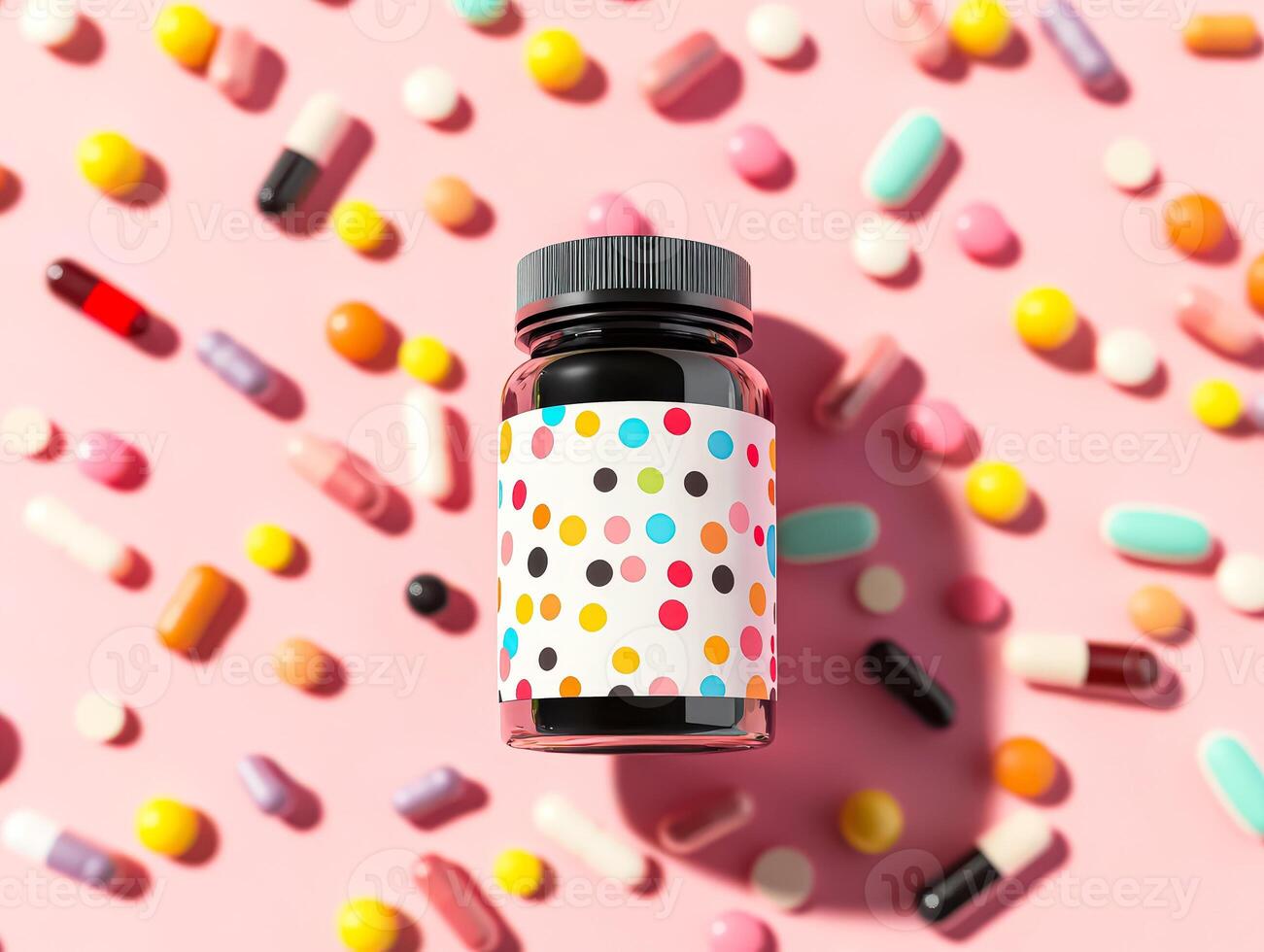Jar of pills with a colorful label and a variety of pills scattered around it photo