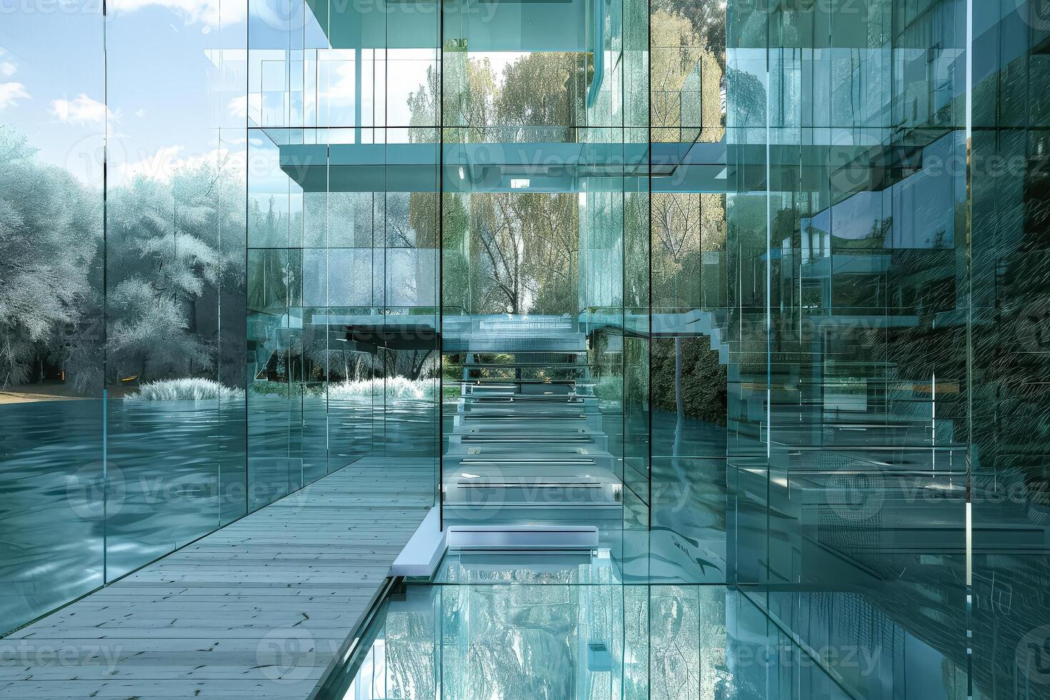 Large glass building with a walkway leading to a pool photo