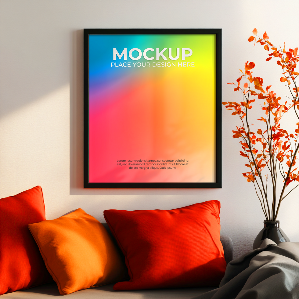 Living Room Wall with Blank Picture Frame psd