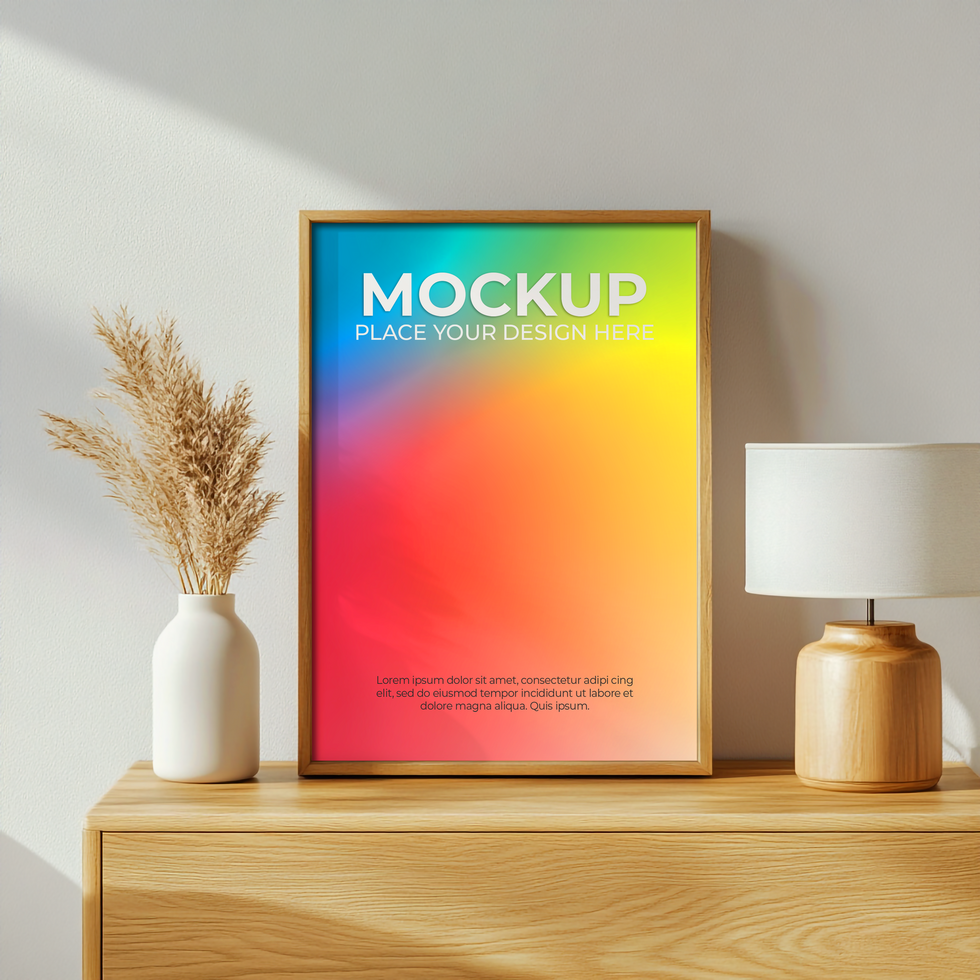 Blank Art Frame on Warm Wall Setup psd