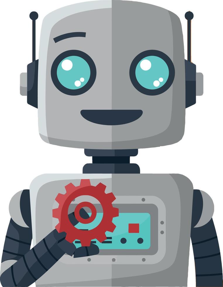 Friendly gray robot holding red gear with blue screen illustration vector