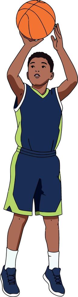 Young boy basketball player shooting ball in navy and green uniform illustration vector