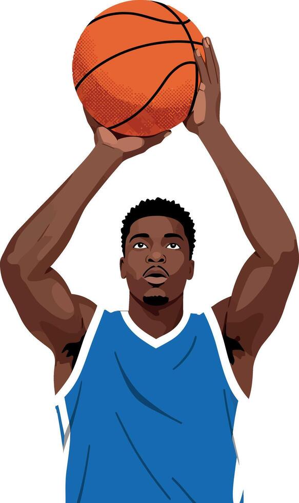 Basketball player shooting ball in blue jersey illustration portrait orientation vector