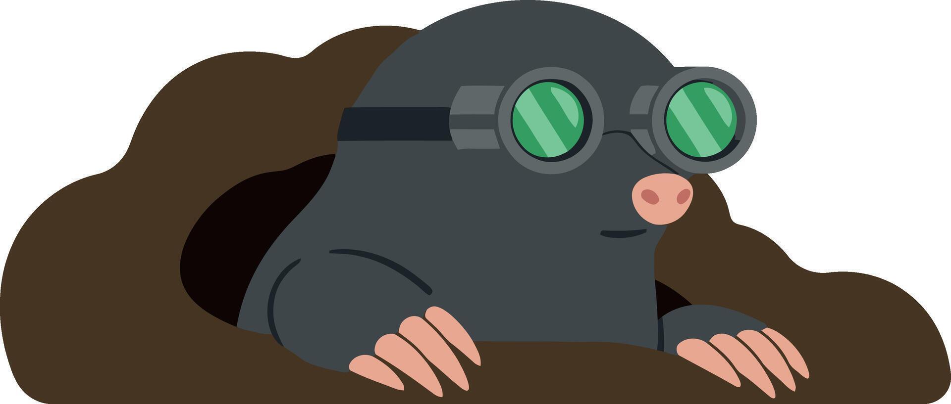 Mole wearing green goggles peeking out of brown burrow cartoon illustration vector