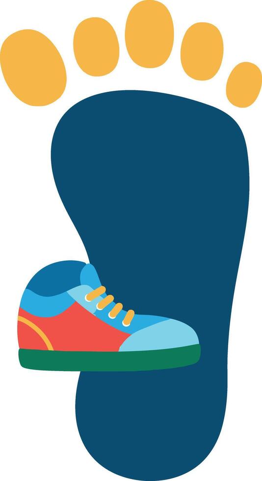 Colorful sneaker on large blue footprint with yellow toes illustration design vector