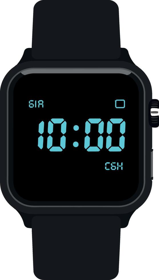 Digital smartwatch with black band and blue time display illustration vector