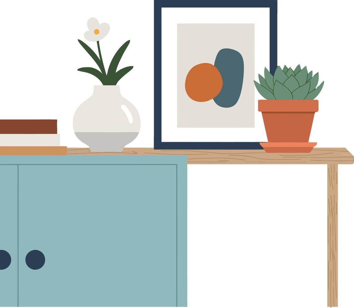 Interior shelf with green cabinet potted plants and modern art print illustration vector